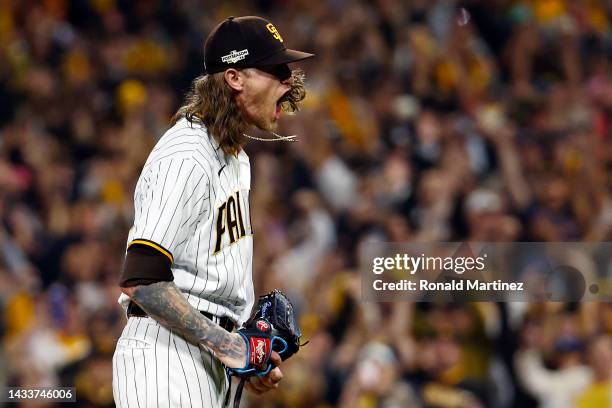 Josh Hader of the San Diego Padres celebrates after defeating the Los Angeles Dodgers 5-3 in game four of the National League Division Series at...