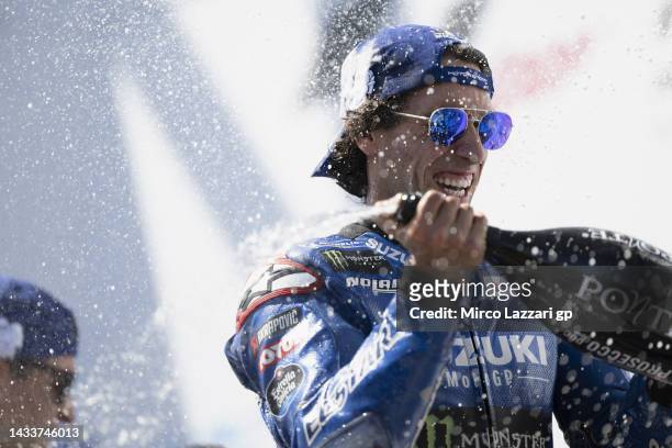 Alex Rins of Spain and Team Suzuki ECSTAR celebrates the victory on the podium during the MotoGP race during the MotoGP of Australia at Phillip...