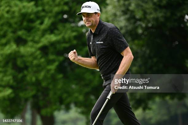 Keegan Bradley of the United States celebrates the birdie on the 11th green during the final round of the ZOZO Championship at Accordia Golf...