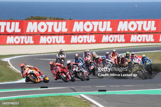 Marc Marquez of Spain and Repsol Honda Team leads the field during the MotoGP race during the MotoGP of Australia at Phillip Island Grand Prix...