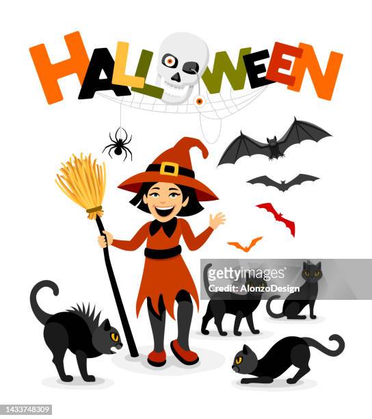 halloween poster. funny witch with funny cats. - cover monster face stock illustrations