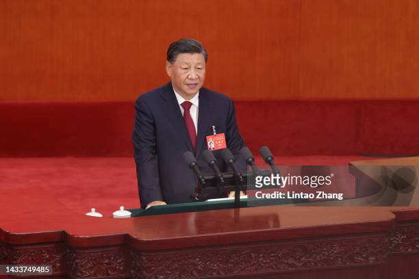Chinese President Xi Jinping delivers a speech during the opening session of the 20th National Congress of the Communist Party of China at the Great...