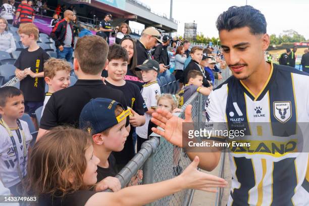 Daniel Arzani of Macarthur FC greets fans after their win during the round two A-League Men's match between Macarthur FC and Adelaide United at...