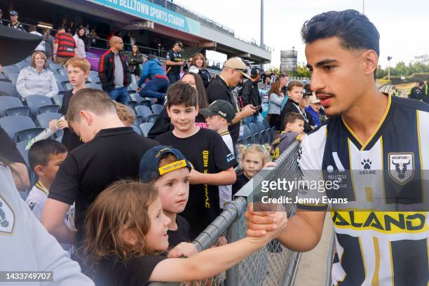 Daniel Arzani of Macarthur FC greets fans after their win during the round two A-League Men's match between Macarthur FC and Adelaide United at...