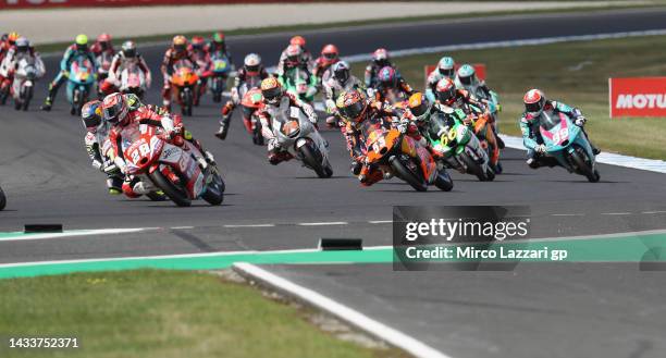 Izan Guevara of Spain and GASGAS Aspar leads the field during the Moto3 race during the MotoGP of Australia at Phillip Island Grand Prix Circuit on...