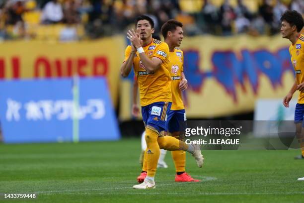 Cayman TOGASHI of Vegalta Sendai celebrates scoring his side's first goal during the J.LEAGUE Meiji Yasuda J2 41st Sec. Match between Vegalta Sendai...