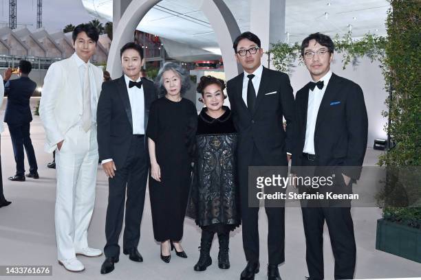 Jong-bin Yoon, Lee Byung-hun, Youn Yuh-jung, Honoree Miky Lee, Ha Jung-woo, and Jung Woo-sung attend the Academy Museum of Motion Pictures 2nd Annual...