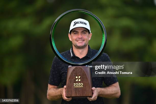 Keegan Bradley of the United States poses with the trophy at the award ceremony after winning the tournament following the final round of the ZOZO...
