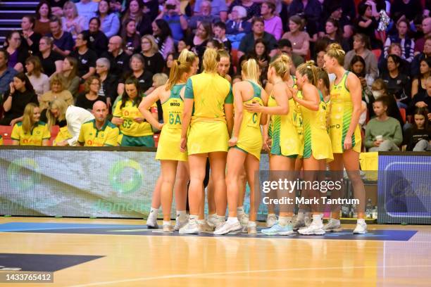 Australian team prepare for the fourth quarter during game two of the Constellation Cup series between the New Zealand Silver Ferns and the Australia...