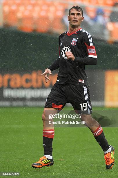 Emiliano Dudar of D.C. United looks for an open teammate against the New York Red Bulls in the second half at RFK Stadium on April 22, 2012 in...