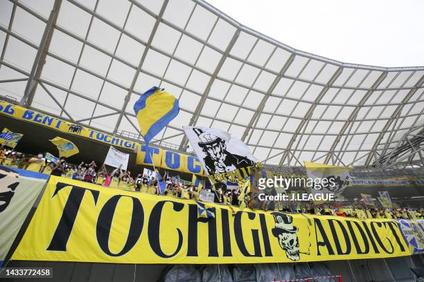 Tochigi SC supporters cheer in the stand prior to the J.LEAGUE Meiji Yasuda J2 41st Sec. Match between Tochigi SC and Mito Hollyhock at kanseki...