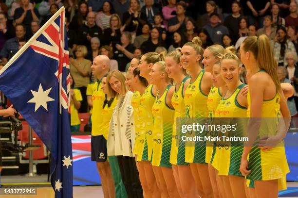 The Australia Diamonds prior to game two of the Constellation Cup series between the New Zealand Silver Ferns and the Australia Diamonds at...