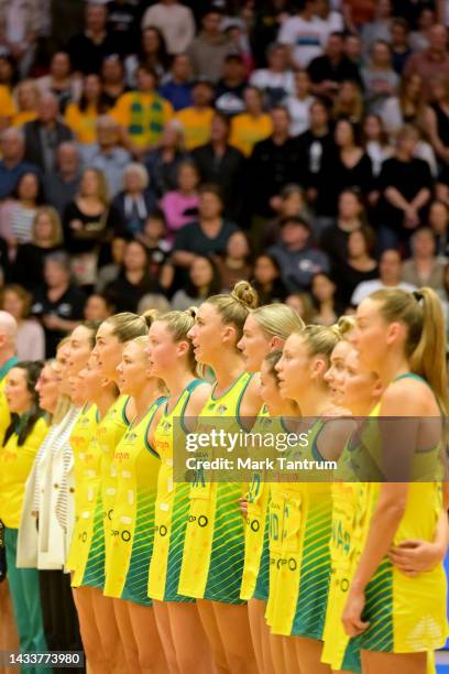 The Australia Diamonds sing the national anthem before game two of the Constellation Cup series between the New Zealand Silver Ferns and the...