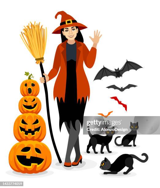 halloween poster. beautiful witch with funny cats. - cover monster face stock illustrations