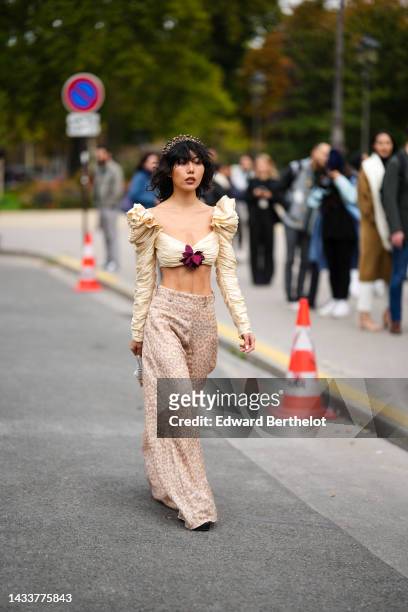 Xiayan wears a silver chain with embroidered brown stones headband, a pale yellow pleated / ruffled shoulder / long sleeves / V-neck cropped top with...