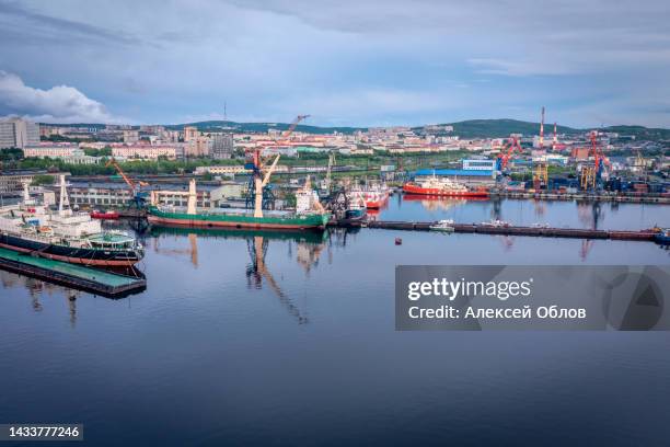 panoramic aerial view of the port of murmansk, ships and ship docks. summer landscape in the north of russia. kola bay of the barents sea - murmansk imagens e fotografias de stock