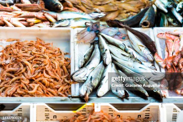 close up of stalls at the fish market of catania, sicily, italy - fish market stock pictures, royalty-free photos & images