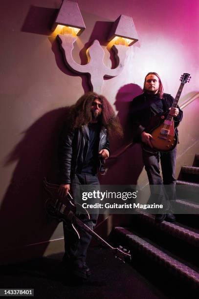 Claudio Sanchez and Travis Stever of American progressive rock band Coheed And Cambria, during a portrait shoot for Guitarist Magazine/Future via...