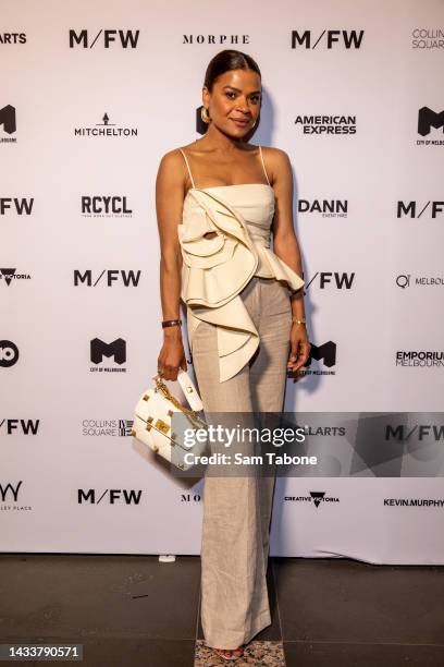 Victoria Latu arrivers at the Collins Dome Closing show at Melbourne Fashion Week on October 16, 2022 in Melbourne, Australia.