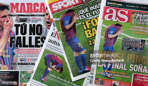 Photo illustration of Spanish newspaper coverage following the UEFA Champions League Semi Final between Barcelona and Chelsea, on April 25, 2012 in...