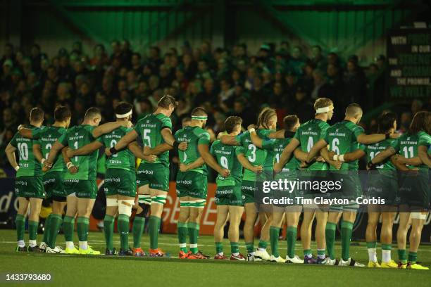 October 14: The Connacht team during a moment of silence for the Creeslough victims before the Connacht V Leinster, United Rugby Championship match...