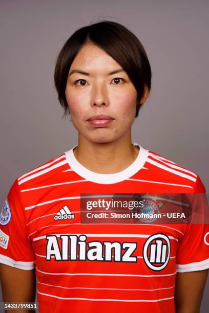 Saki Kumagai of FC Bayern München poses for a photo during the FC Bayern München UEFA Women's Champions League Portrait session on October 14, 2022...