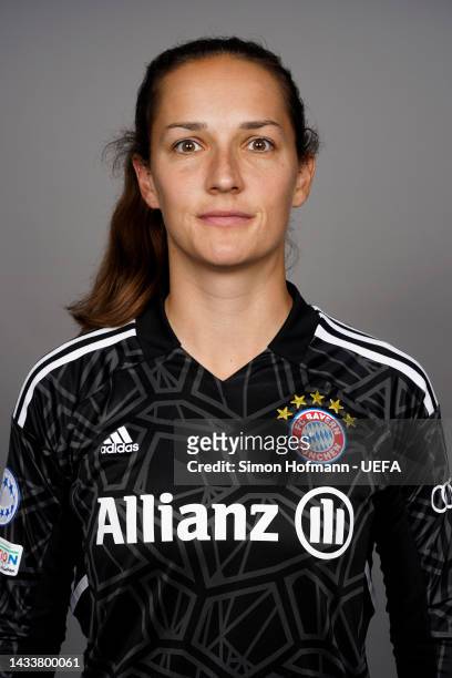 Laura Benkarth of FC Bayern München poses for a photo during the FC Bayern München UEFA Women's Champions League Portrait session on October 14, 2022...