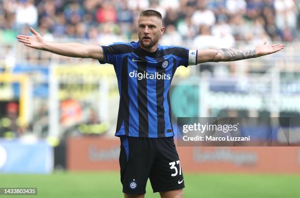 Milan Skriniar of FC Internazionale reacts during the Serie A match between FC Internazionale and US Salernitana at Stadio Giuseppe Meazza on October...