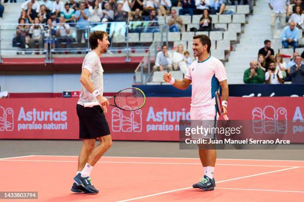 Maximo Gonzalez and Andres Molteni of Argentina celebrate after winning match point against Nathaniel Lammons and Jackson Withrow of USA during their...