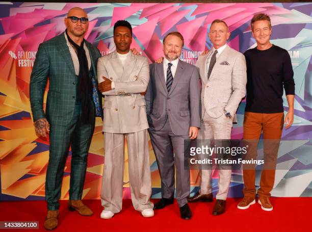 Dave Bautista, Leslie Odom Jr., Rian Johnson, Daniel Craig and Edward Norton attend the “Glass Onion: A Knives Out Mystery” Photocall during the 66th...
