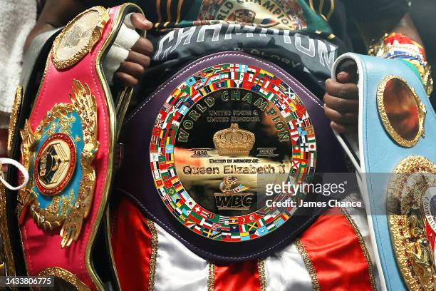 Detailed view of the WBC Elizabethan Belt which was created in memory of Queen Elizabeth II after the IBF, WBA, WBC, WBO World Middleweight Title...