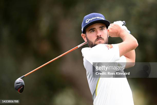 Angel Hidalgo of Spain tees off on the 2nd hole on day four of the Estrella Damm N.A. Andalucía Masters at Real Club Valderrama on October 16, 2022...