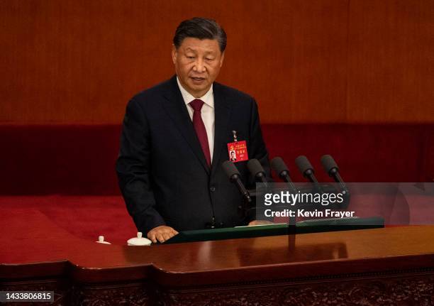 Chinese President Xi Jinping speaks during the Opening Ceremony of the 20th National Congress of the Communist Party of China at The Great Hall of...