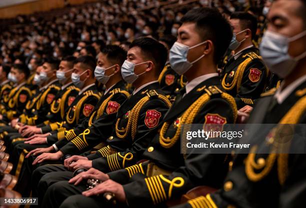 Members of he Peoples Liberation Army band are seated during the Opening Ceremony of the 20th National Congress of the Communist Party of China at...