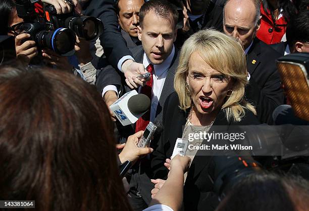 Arizona Gov. Jan Brewer speaks to the media after arguments at the U.S. Supreme Court, on April 25, 2012 in Washington, DC. This morning the high...