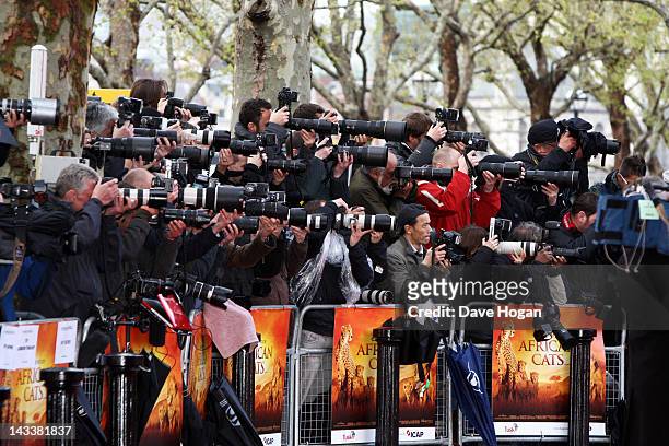 The press await the Duke and Duchess of Cambridge at the UK premiere of African Cats in aid of Tusk at The BFI Southbank on April 25, 2012 in London,...