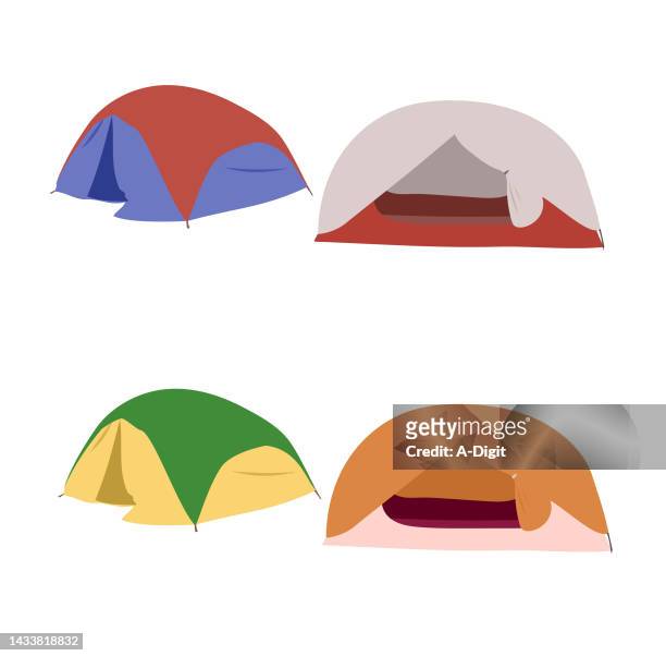 camping tents blue and yellow - dome tent stock illustrations