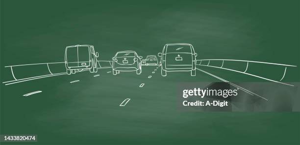 cars driving down the road chalkboard - perspective road stock illustrations