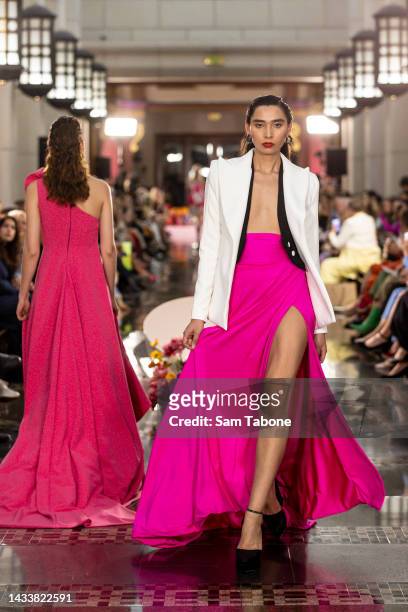 Model showcases designs by Mariam Seddiq during the runway at the Collins Dome Closing show at Melbourne Fashion Week on October 16, 2022 in...