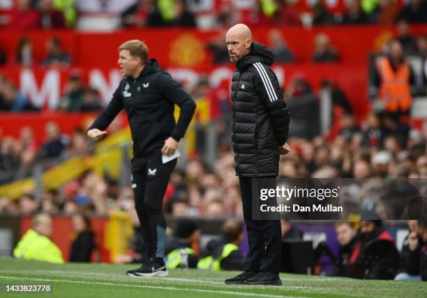 Erik ten Hag, Manager of Manchester United looks on during the Premier League match between Manchester United and Newcastle United at Old Trafford on...