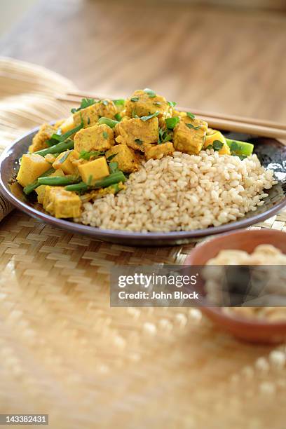 curry soy tempeh and rice in bowl - テンペ ストックフォトと画像