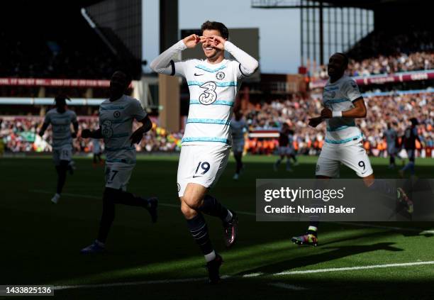 Mason Mount of Chelsea celebrates after scoring their team's first goal during the Premier League match between Aston Villa and Chelsea FC at Villa...