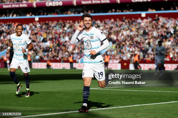 Mason Mount of Chelsea celebrates after scoring their team's first goal during the Premier League match between Aston Villa and Chelsea FC at Villa...