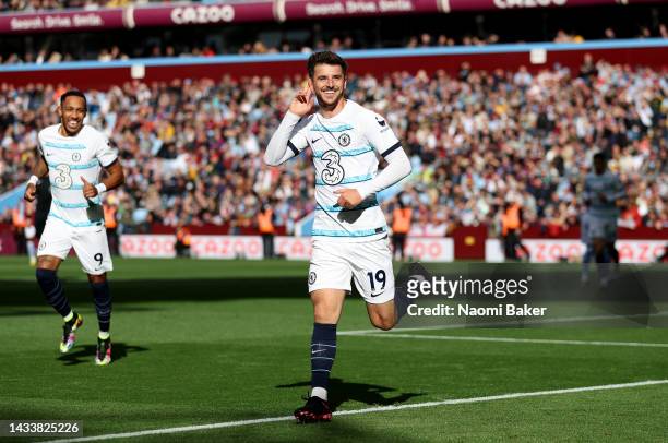 Mason Mount of Chelsea celebrates after scoring their team's first goal during the Premier League match between Aston Villa and Chelsea FC at Villa...