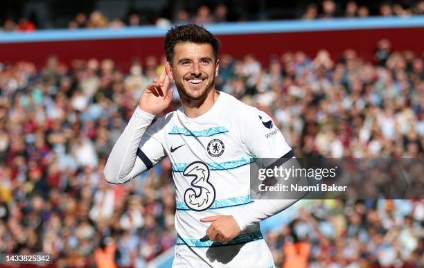 Mason Mount of Chelsea celebrates after scoring their team's first goal during the Premier League match between Aston Villa and Chelsea FC at Villa...