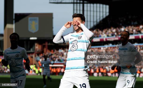 Mason Mount of Chelsea celebrates after scoring their team's first goal during the Premier League match between Aston Villa and Chelsea FC at Villa...