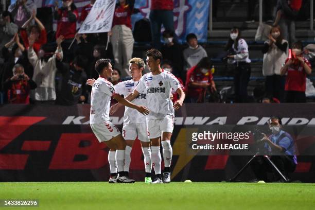 Hiroya MATSUMOTO of Zweigen Kanazawa celebrates scoring his side's third goal during the J.LEAGUE Meiji Yasuda J2 41st Sec. Match between Yokohama FC...
