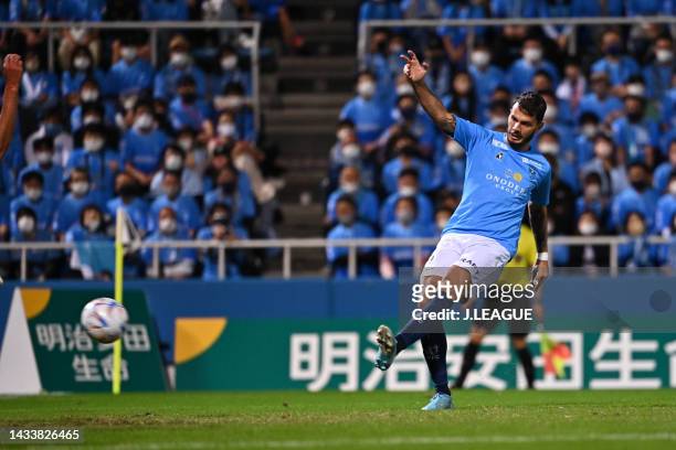 Of Yokohama FC scores his side's first goal during the J.LEAGUE Meiji Yasuda J2 41st Sec. Match between Yokohama FC and Zweigen Kanazawa at NHK...
