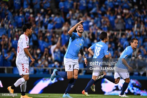 Of Yokohama FC celebrates scoring his side's second goal during the J.LEAGUE Meiji Yasuda J2 41st Sec. Match between Yokohama FC and Zweigen Kanazawa...