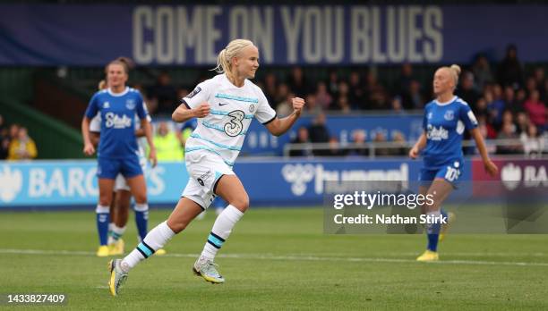 Pernille Harder of Chelsea celebrates after she scores their second goal during the FA Women's Super League match between Everton FC and Chelsea at...